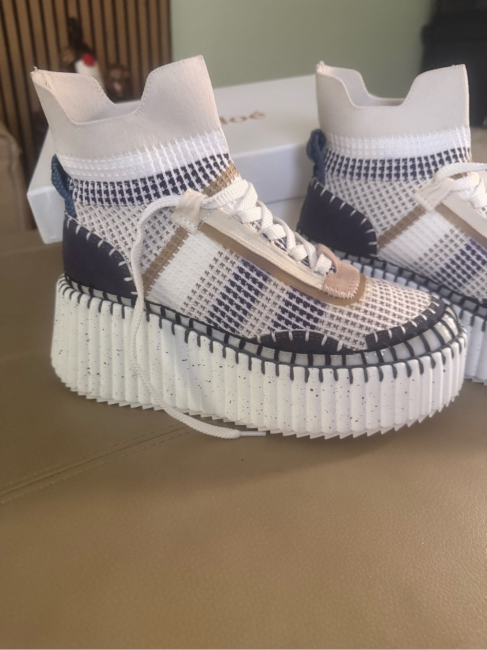Women’s White Knit Platform Sneakers with Navy and Tan Accents